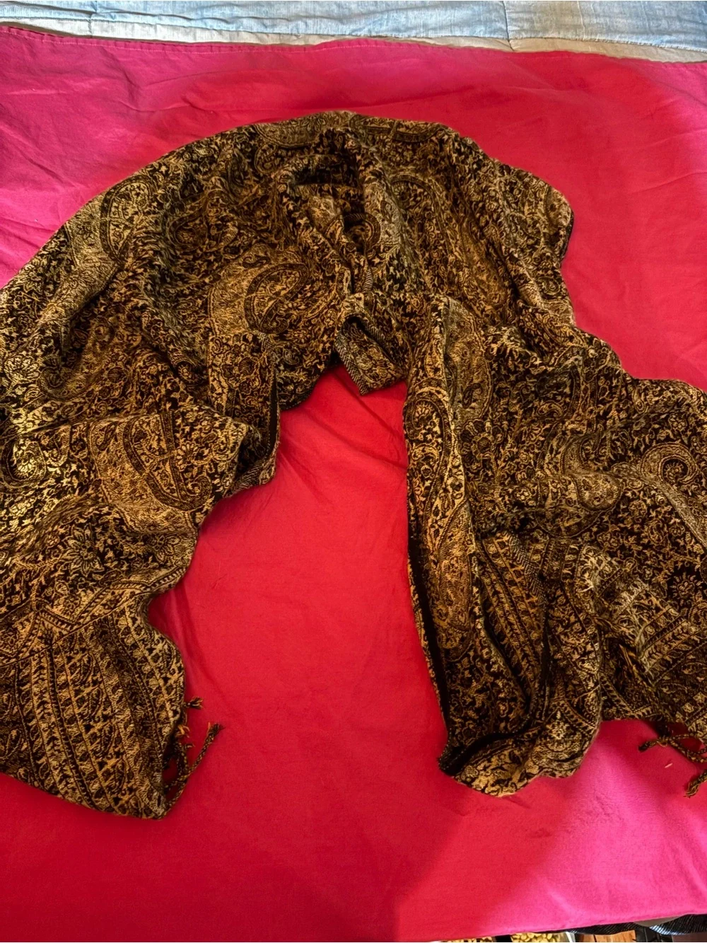 RHONDACOTE1116 Luxury Paisley Velvet Wrap Scarf in Brown and Gold